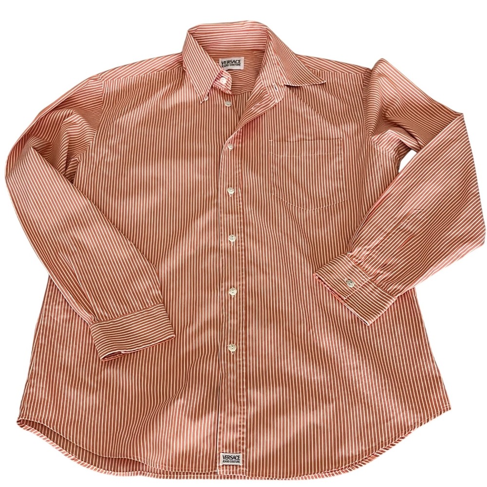 Versace Jeans Couture Orange Stripe Shirt Made in Italy Cotton Preppy 90s L